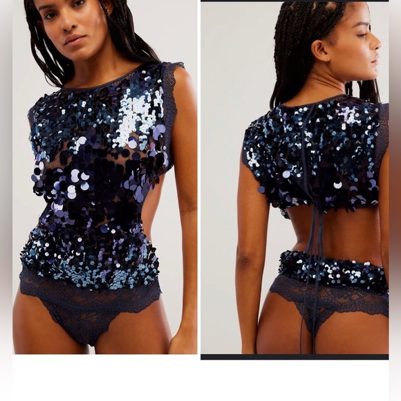 Free People intimately‎ Main Character dark navy blue sequin lace Bodysuit top - Picture 3 of 5